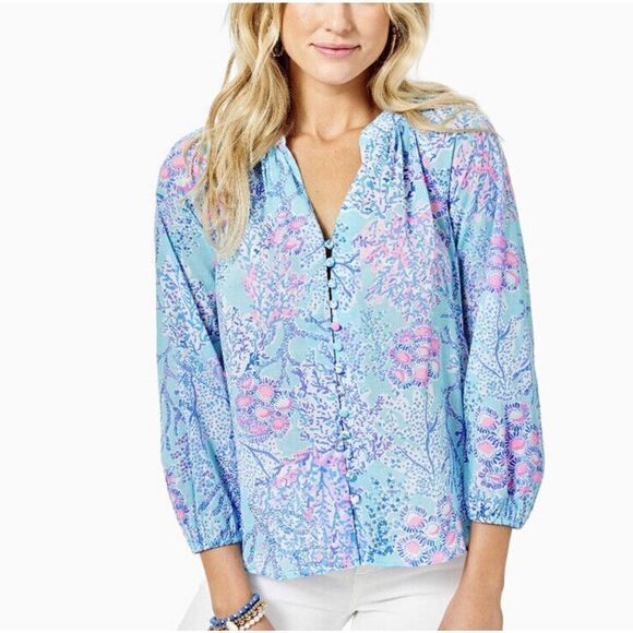 Lilly Pulitzer Coleman Top Now You Sea Me Blue Ibiza Button Up Size X-Small New - Picture 2 of 12